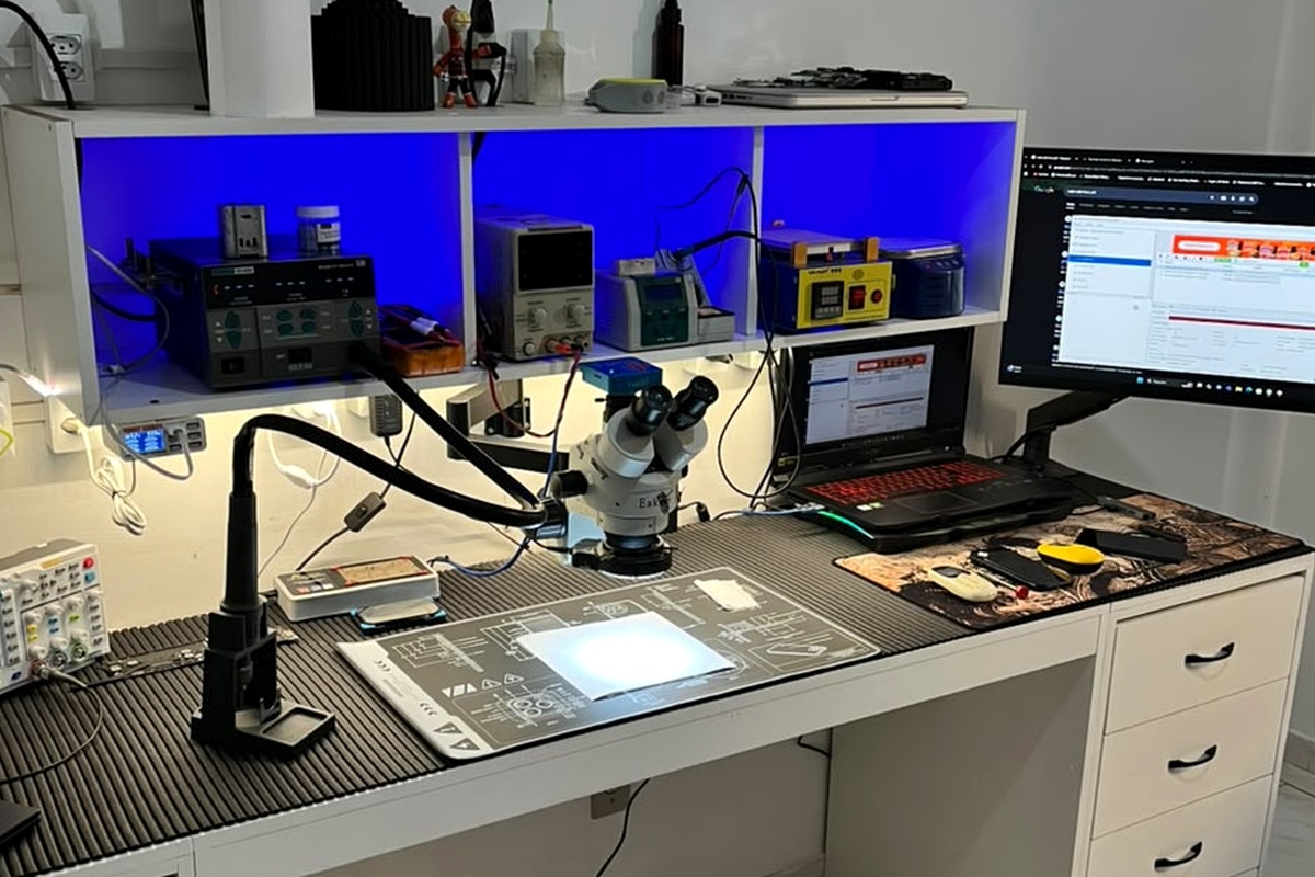 Bancada da MZ Assistência para diagnóstico e reparo de placas